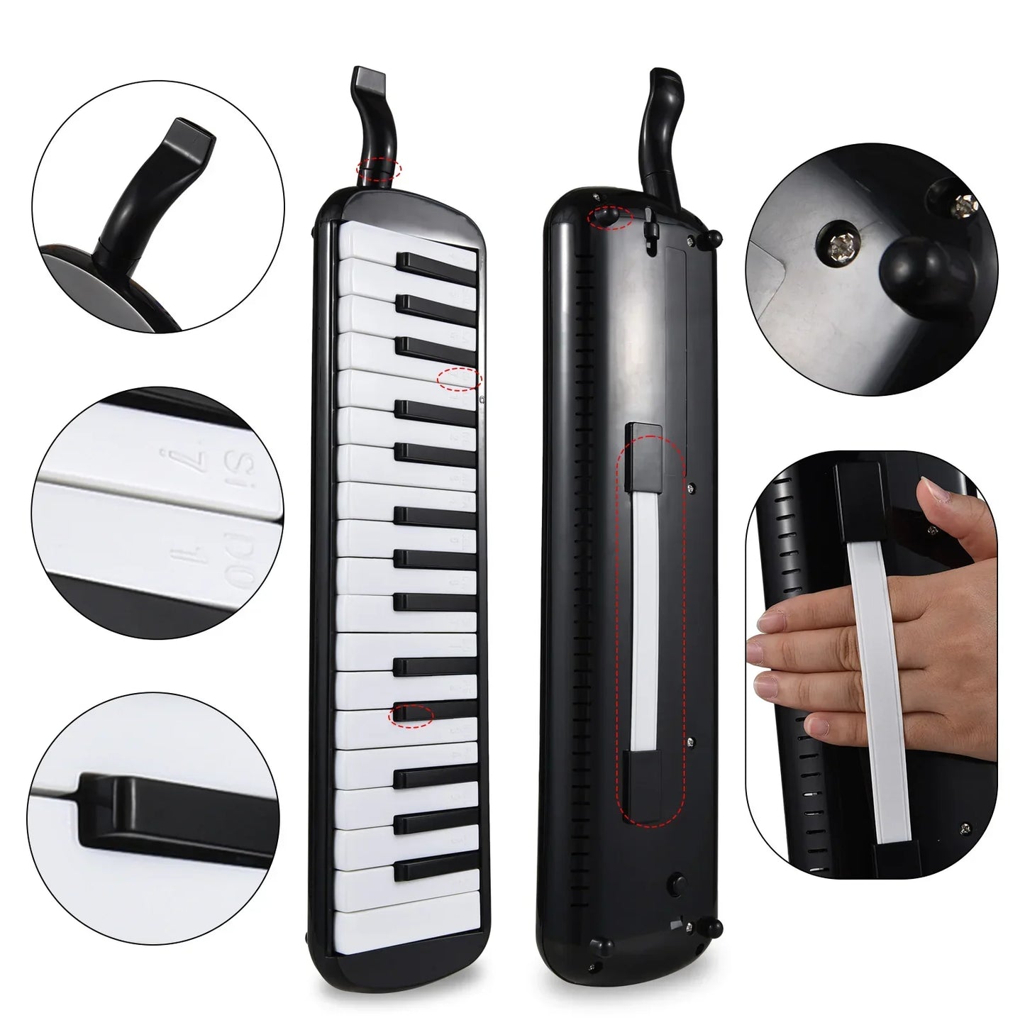 Black and white keys melodica instrument with 32 keys soft blow pipe pipe blowing nozzles and carrying handle