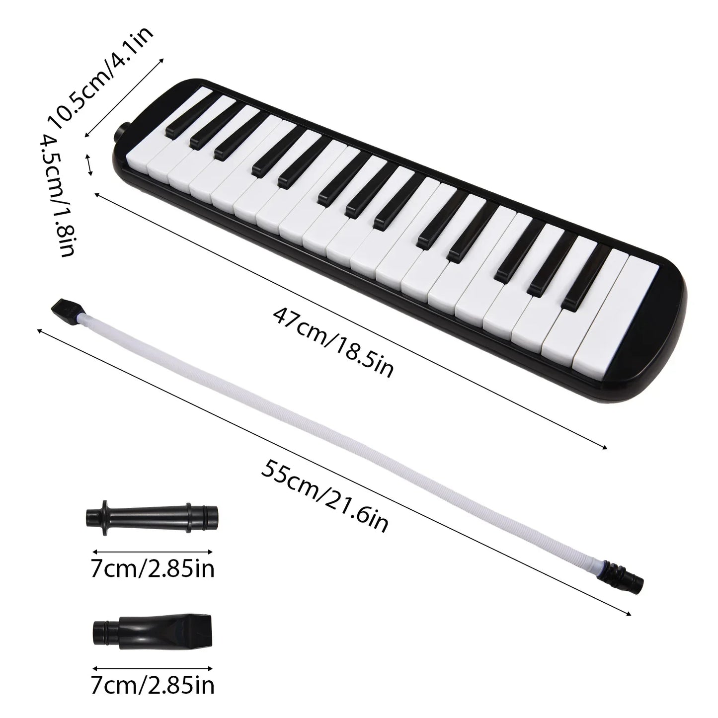 Black and white 32 keys melodica instrument with soft blow pipe and two pipe blowing nozzles for wind play