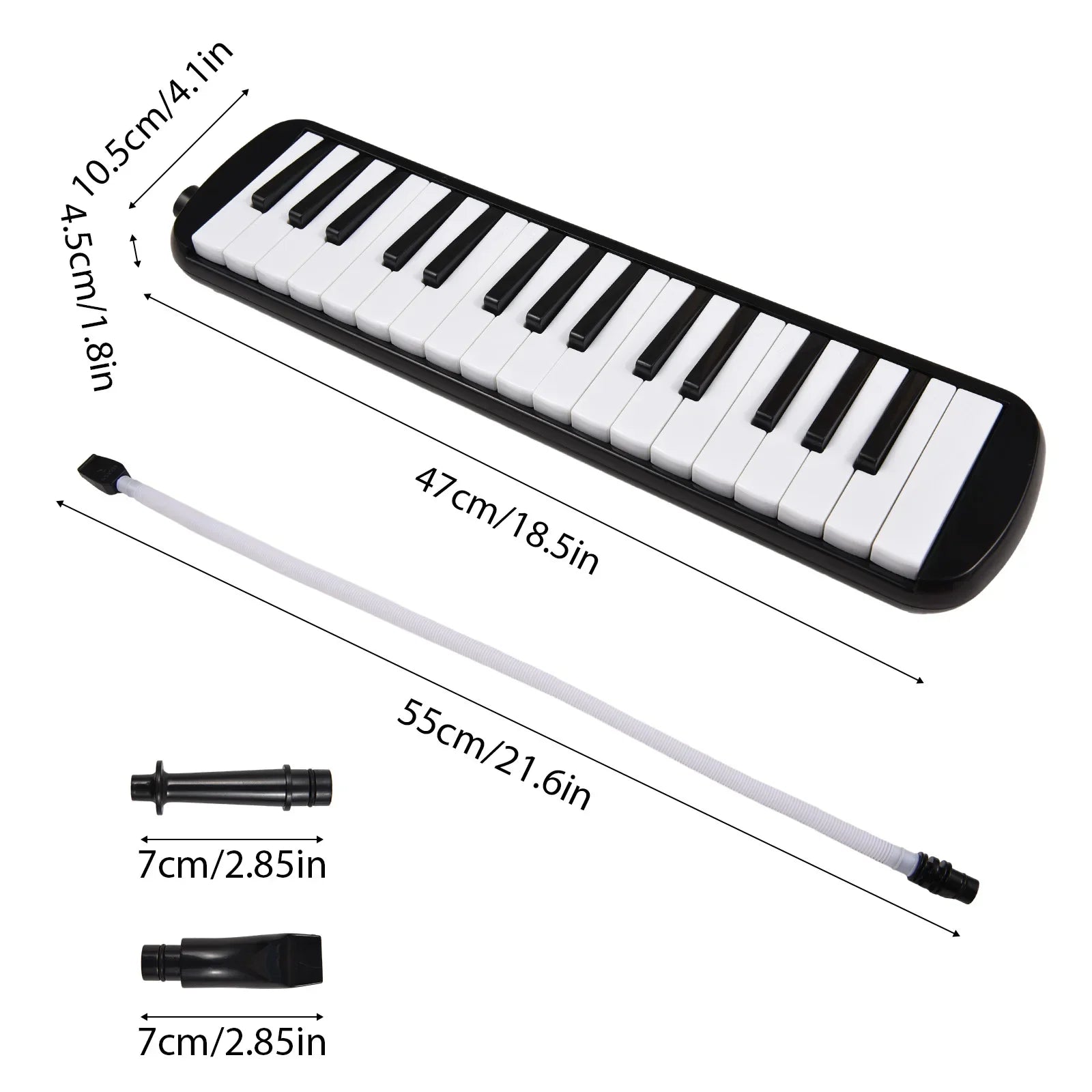 Black and white 32 keys melodica instrument with soft blow pipe and two pipe blowing nozzles for wind play