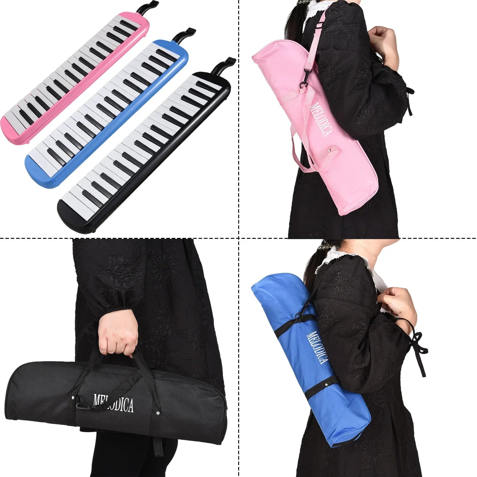 Pink blue and black 32 keys melodica instruments with soft blow pipe pipe blowing nozzles and matching carrying cases