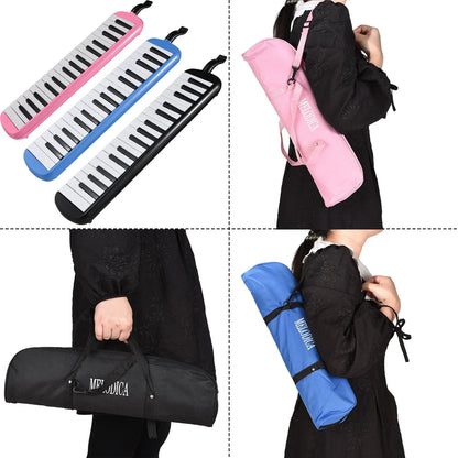 Pink blue and black 32 keys melodica instruments with soft blow pipe pipe blowing nozzles and matching carrying cases
