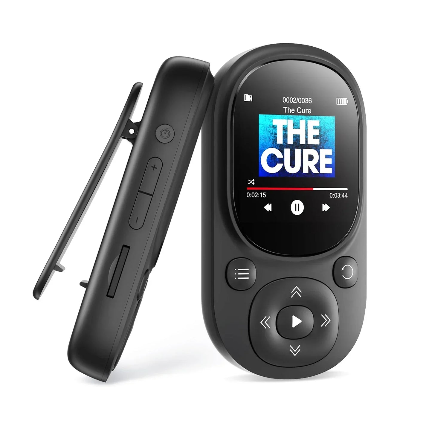Black oval-shaped clip-on sports mp3 player with touchscreen supports radio voice recording and up to 128gb tf card