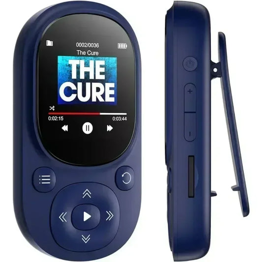 Navy blue 32gb clip mp3 music player with circular screen, radio voice recording, sound sports mp3, and 128gb tf card support