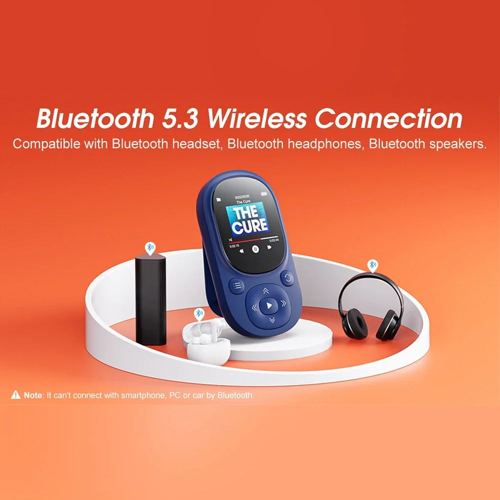 Blue sports mp3 player with circular screen featuring bluetooth 5.3, radio voice recording, and 128gb tf card support