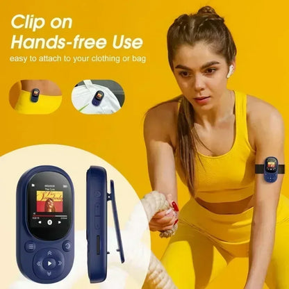 Blue clip-on hands-free sound sports mp3 player with small screen, radio voice recording, and 128gb tf card support