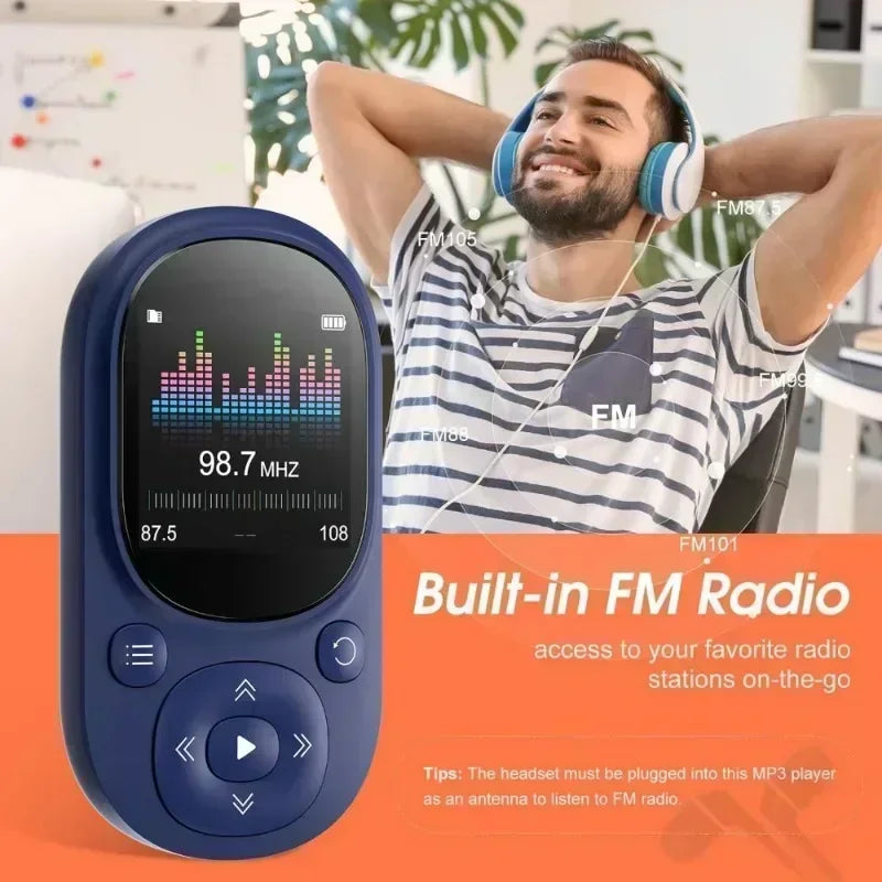Blue oval sports mp3 player with touchscreen showing fm radio frequency and audio waveform with 128gb tf card support
