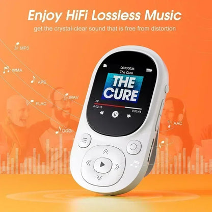 White oval sports mp3 player with black touchscreen, radio voice recording, and support for 128gb tf card storage