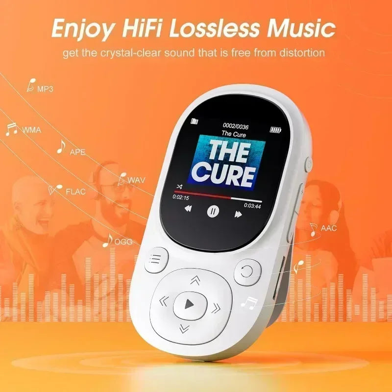 White oval 32gb clip sound sports mp3 player with black touchscreen, radio voice recording, and 128gb tf card support