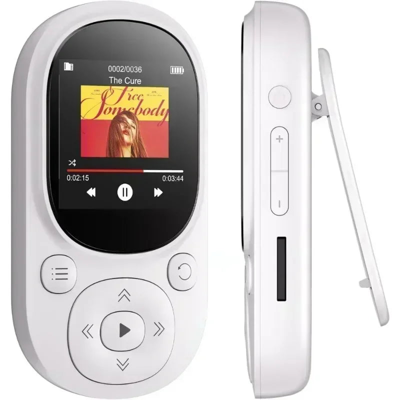 White plastic sports mp3 player with circular screen, physical buttons, radio voice recording, and 128gb tf card support