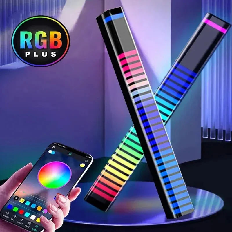 Rgb plus smart 32led strip lights with sleek black bodies and vibrant color-changing stripes for ambient lamp atmosphere and control pickup rhythm