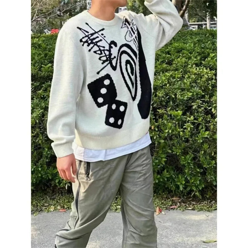 Hip-hop punk fashion casual letter knitted men pullover 2025 street personality versatile top hoodie couple trendy loose sweater
