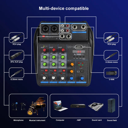 4 Channel Mixer Dj Mixing Console Met Bluetooth 48V Phantom Power Monitor Karaoke Systeem Usb Mixer Audio
