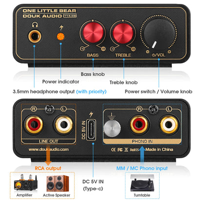 Douk Audio T14-EQ Stereo RIAA MM/MC Phono Stage Preamp Home Turntables Preamplifier with 3.5mm Headphone Amp