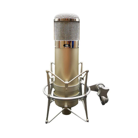 34mm gold podcast pro mic condenser microphone with silver mesh grille and chrome accents in shock mount for studio recording