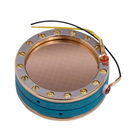 Circular copper-colored 34mm large diaphragm microphone cartridge with metallic rim and teal insulation for studio recording condenser mic