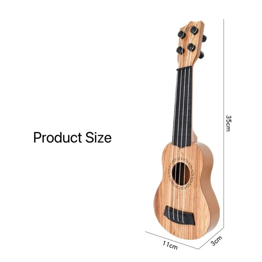 Light brown wooden 35cm children guitar with black tuning pegs and paddles simulating yukrili for yukrili music toys