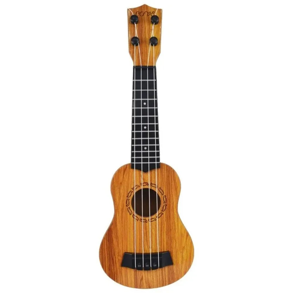 A light brown wooden 35cm children guitar with black fretboard and paddles simulating yukrili music toys design