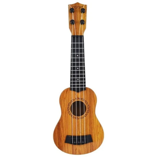 A light brown wooden 35cm children guitar with black fretboard and paddles simulating yukrili music toys design