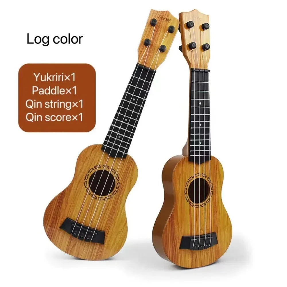 Two light brown wooden 35cm children guitar toy with black fretboards and paddles simulating yukrili music toys