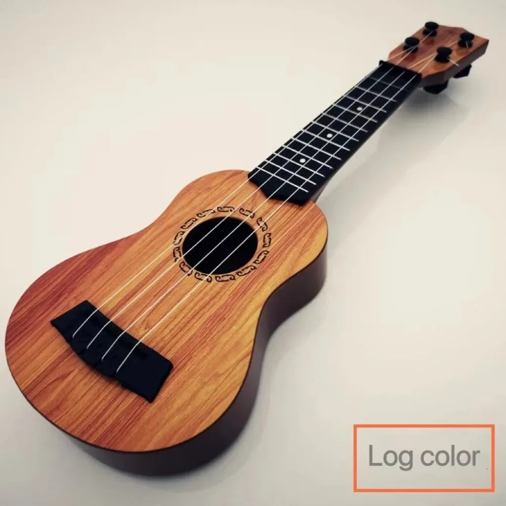 A wooden 35cm children guitar with light brown finish and black fretboard for paddles simulating yukrili music toys