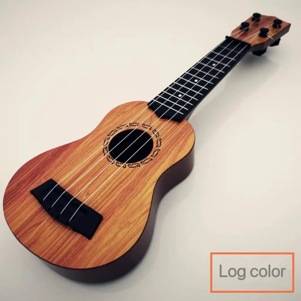 A 35cm children guitar made of light brown wood with black fretboard featuring paddles simulating yukrili music toys