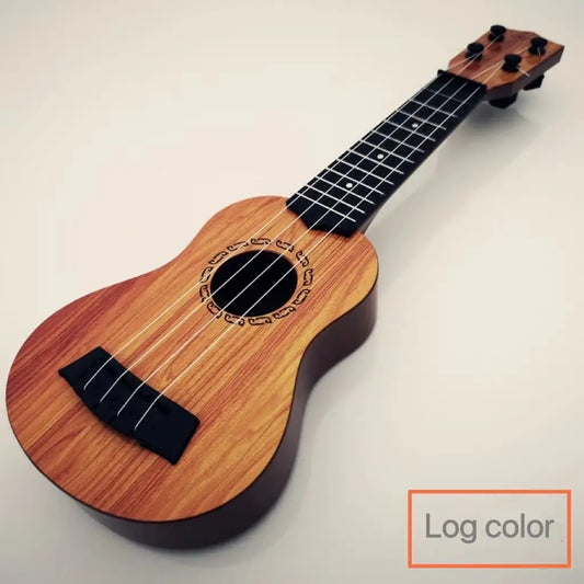 A 35cm children guitar made of light brown wood with black fretboard featuring paddles simulating yukrili music toys