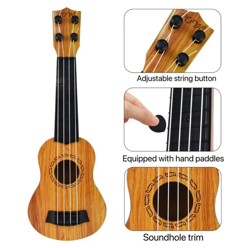 Wooden 35cm children guitar with light brown finish black fretboard paddles simulating yukrili for yukrili music toys