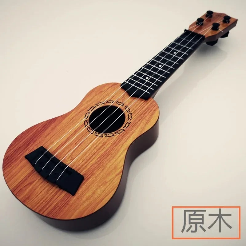 A light brown wooden 35cm ukulele children toy with black fretboard and paddles simulating yukrili music toys