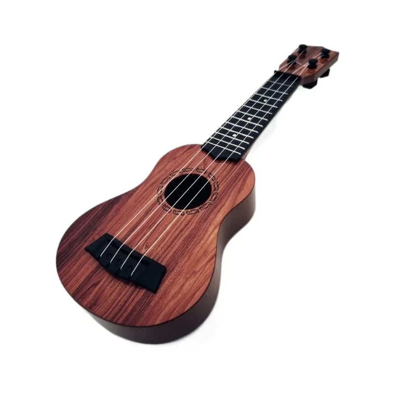 A polished wooden 35cm ukulele children toy with dark brown finish and paddles simulating yukrili music toys