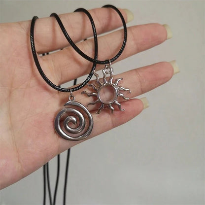 Hip Hop Burning Sun Pendant Leather Rope Necklace Vintage Whirlpool Geometric Necklaces For Men Boys