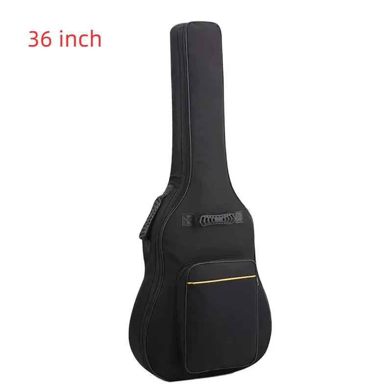 Black 36-inch acoustic guitar bag with sponge padding water resistant material gold stitching and reinforced shoulder strap