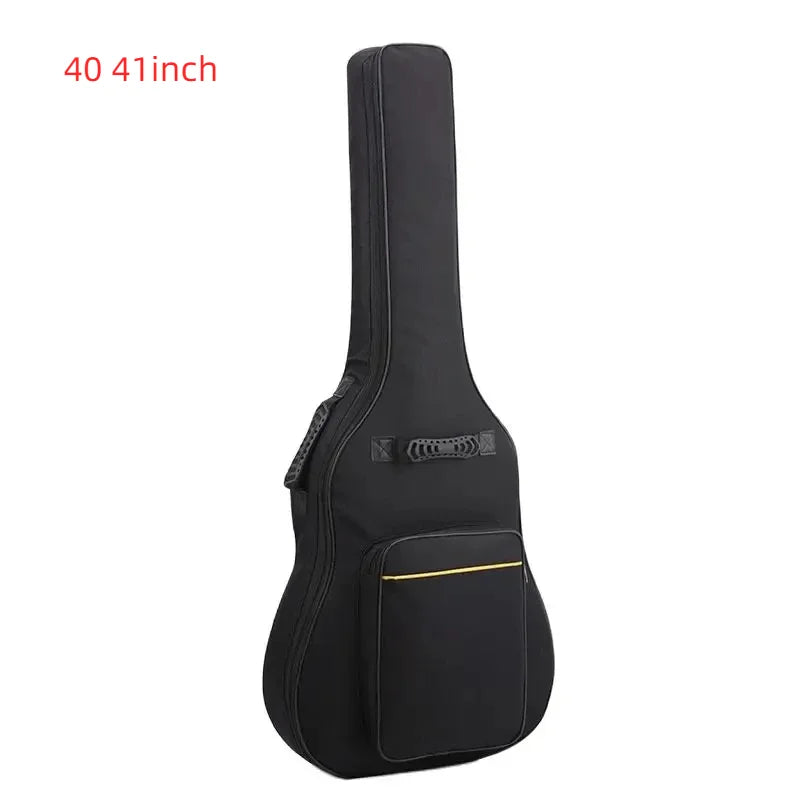 Black acoustic guitar bag with front pocket gold trim reinforced shoulder strap sponge padding water resistant bass guitar case