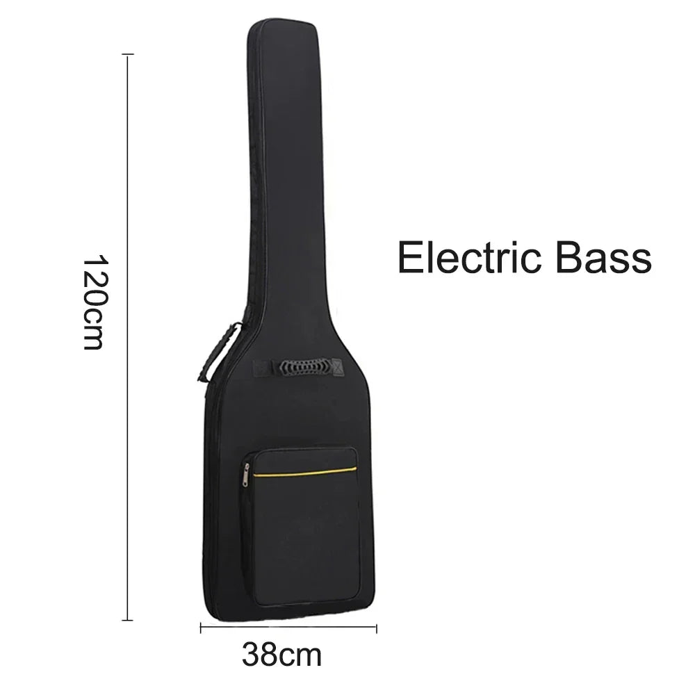 Black bass guitar case with front zippered pocket yellow trim thicken sponge padding water resistant acoustic guitar bag