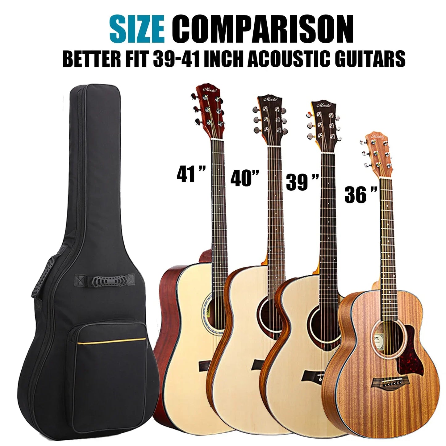Black acoustic guitar bag with gold trim front pocket sponge padding water resistant bass guitar case