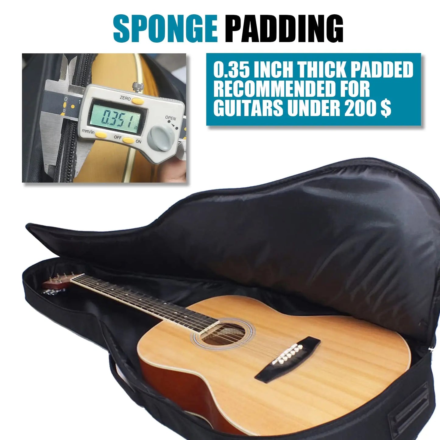 Black padded acoustic guitar bag with 035 inch sponge padding water resistant shoulder strap for bass guitar case