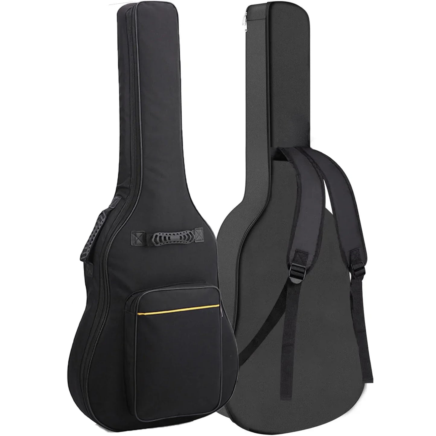 Black acoustic guitar bag with gold zipper trim, adjustable shoulder straps, and thick sponge padding water resistant bass guitar case