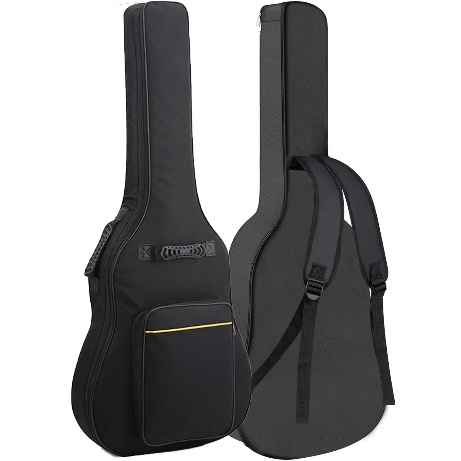 Black acoustic guitar bag with gold zipper trim, adjustable shoulder straps, and thick sponge padding water resistant bass guitar case