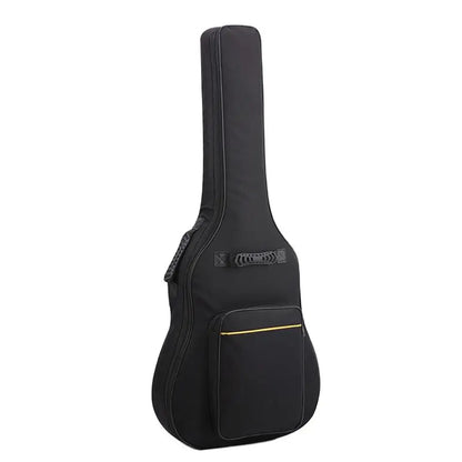 Black bass guitar case with front pocket, gold trim, padded handle, and thick sponge padding water resistant acoustic guitar bag