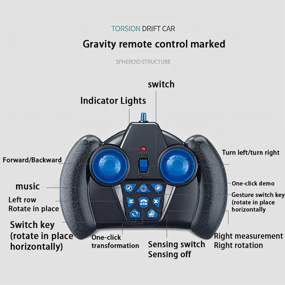 Black and blue torsion drift car remote control with spherical structure featuring led gradient lights for 360° flips