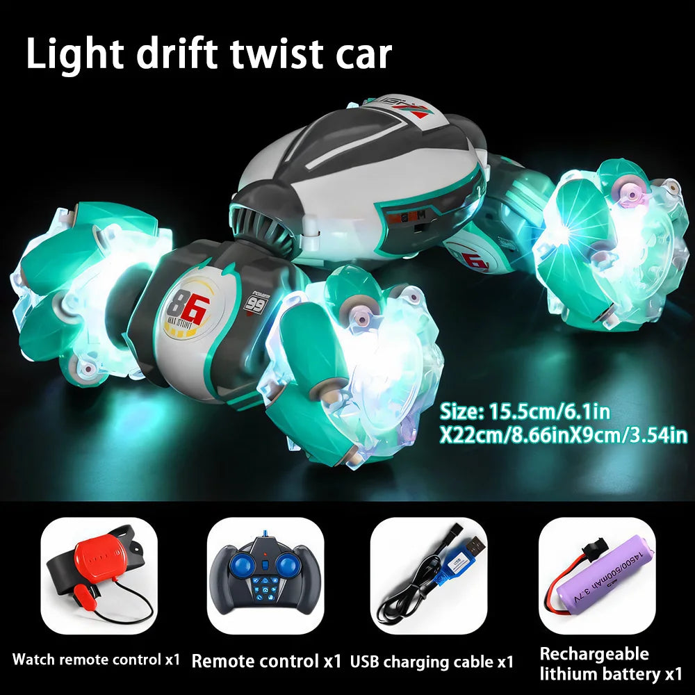 A futuristic green and white torsion drift car with led gradient lights and illuminated wheels for off-road stunts