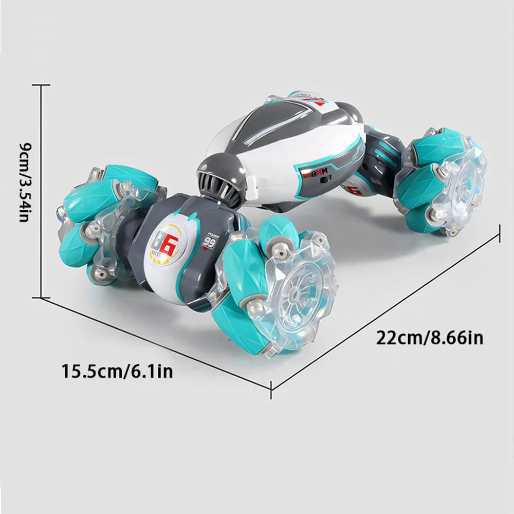 A sleek 360° flip stunt rc torsion drift car with white gray body teal accents led gradient lights and transparent wheels