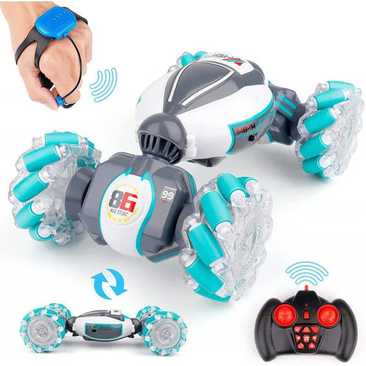 A sleek white and teal 360° flip stunt rc car with transparent segmented wheels features led gradient lights and torsion drift car design