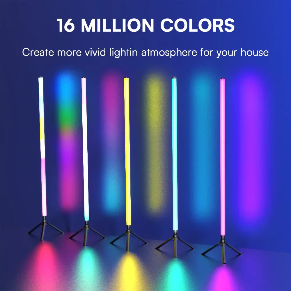 Color-changing luminous floor ambient light with sleek cylindrical led bars and black tripod stands for rhythm sound pickup
