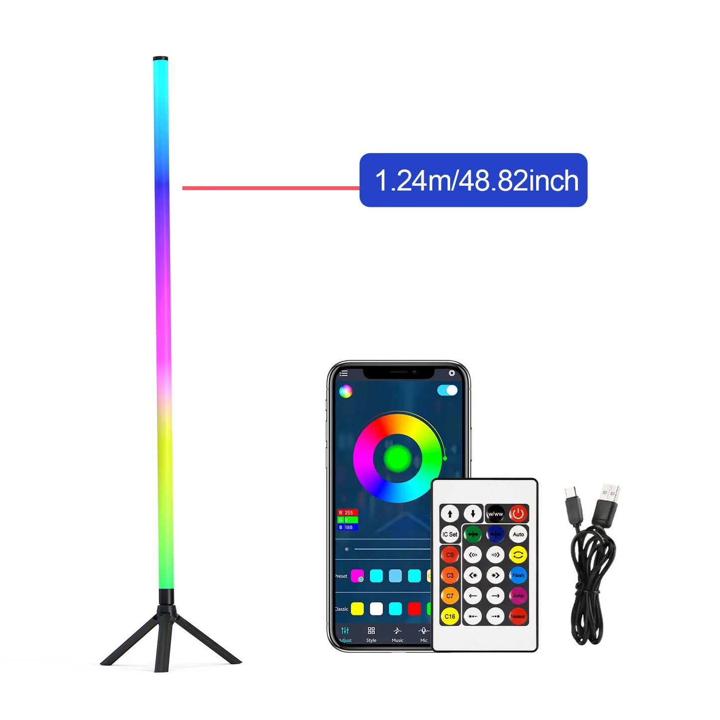 A sleek 1.24m luminous floor ambient rgbic lamp with tripod base and rhythm sound pickup for bedroom and living room