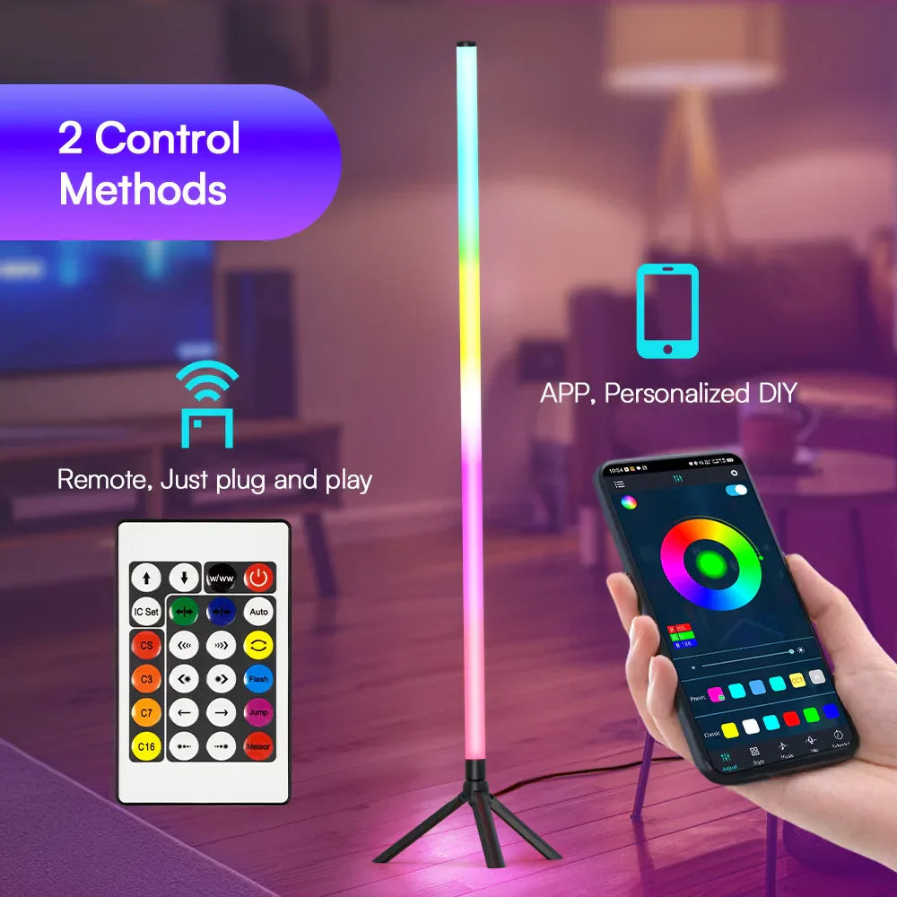 A sleek tall led luminous floor ambient light with rgbic rhythm sound pickup and customizable rainbow lighting