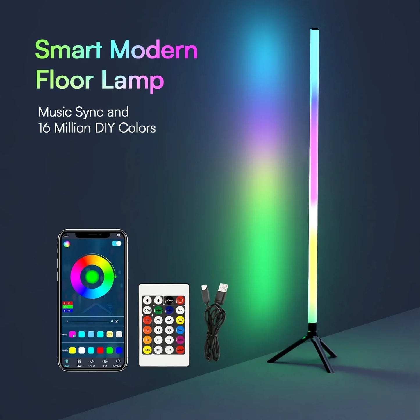 A sleek tall slim luminous floor ambient lamp with tri-legged base and vibrant ambient light rgbic for rhythm sound pickup