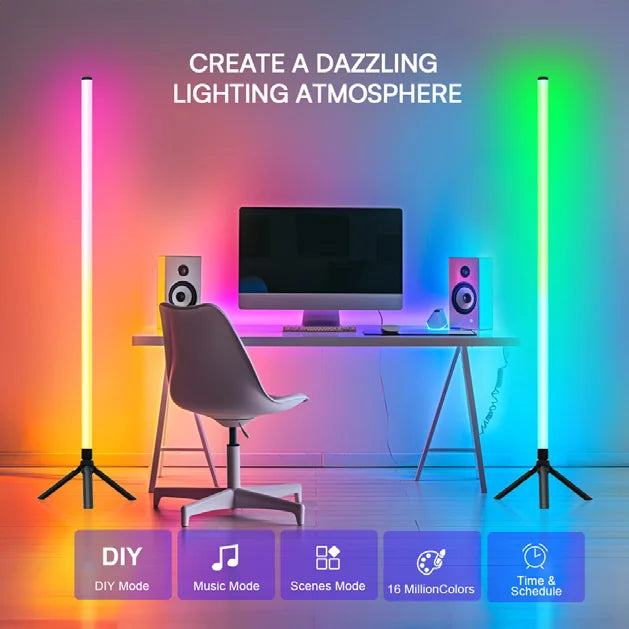 Two slim vertical led light bars with black tripod bases providing luminous floor ambient light rgbic with rhythm sound pickup