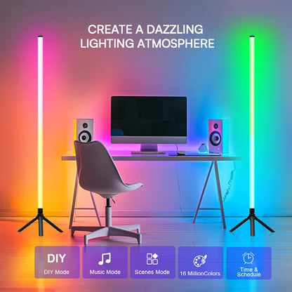 Two slim vertical led light bars with black tripod bases providing luminous floor ambient light rgbic with rhythm sound pickup