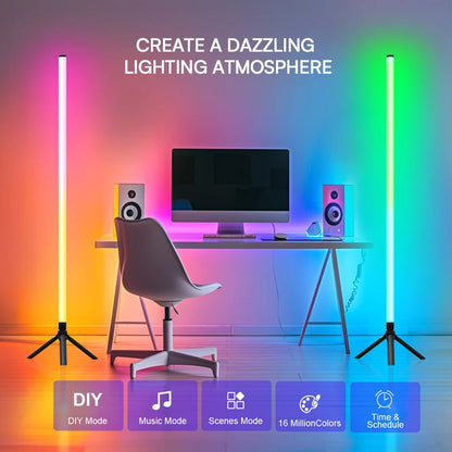 Two tall slender luminous floor ambient light bars with tripod bases emit vibrant pink and green ambient light rgbic with rhythm sound pickup