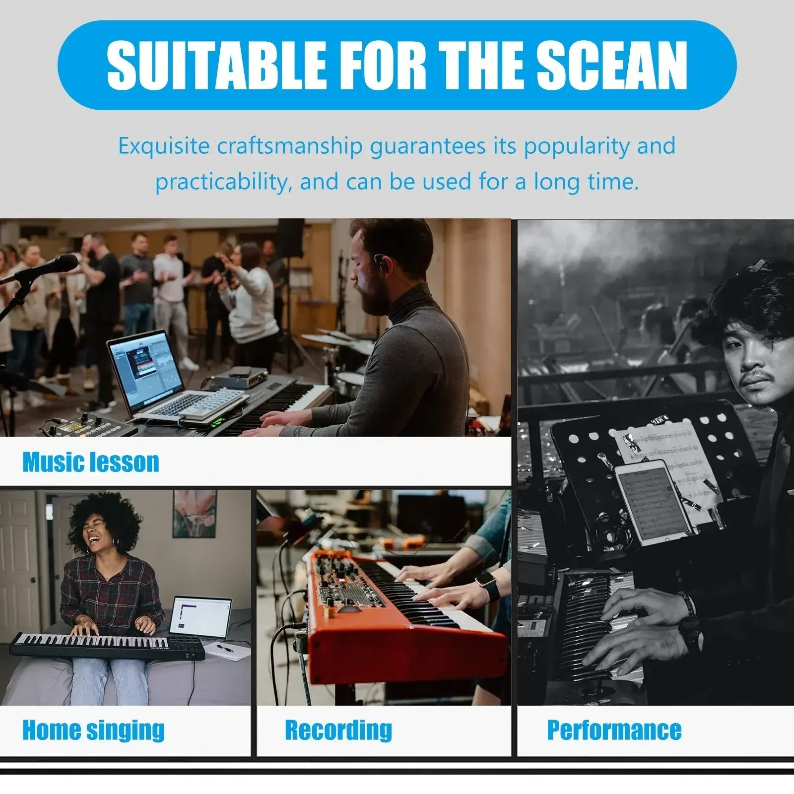 Collage of musicians using a 360° midi male to male 5 pin transmission extension cord for piano keyboard effector and sound card transmission